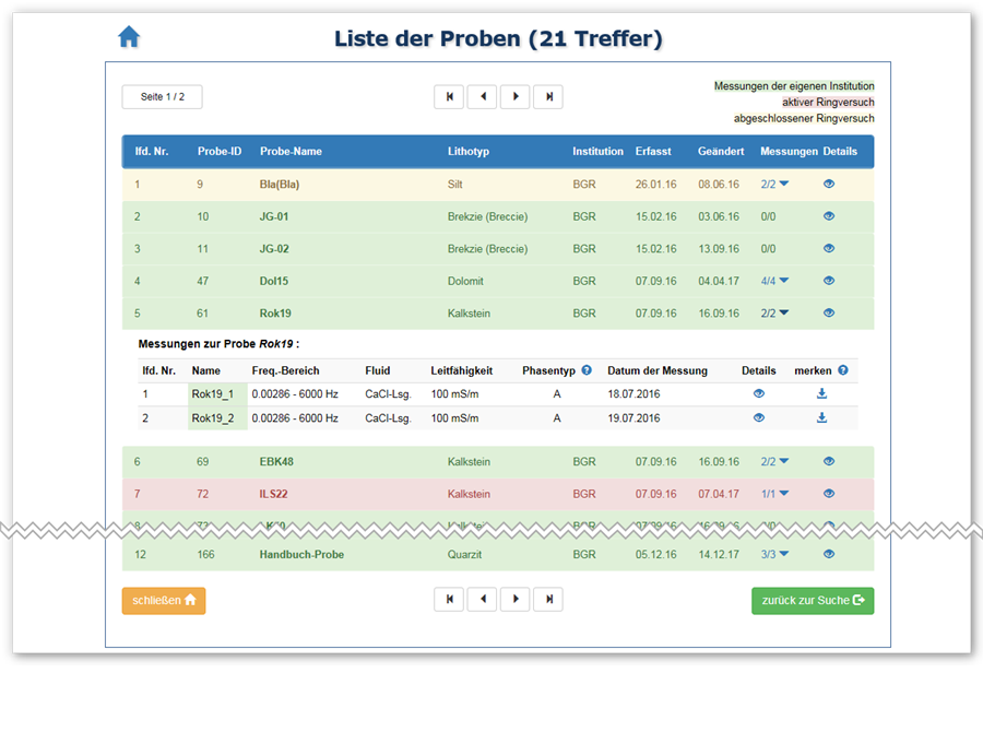 Screenshot Probenliste